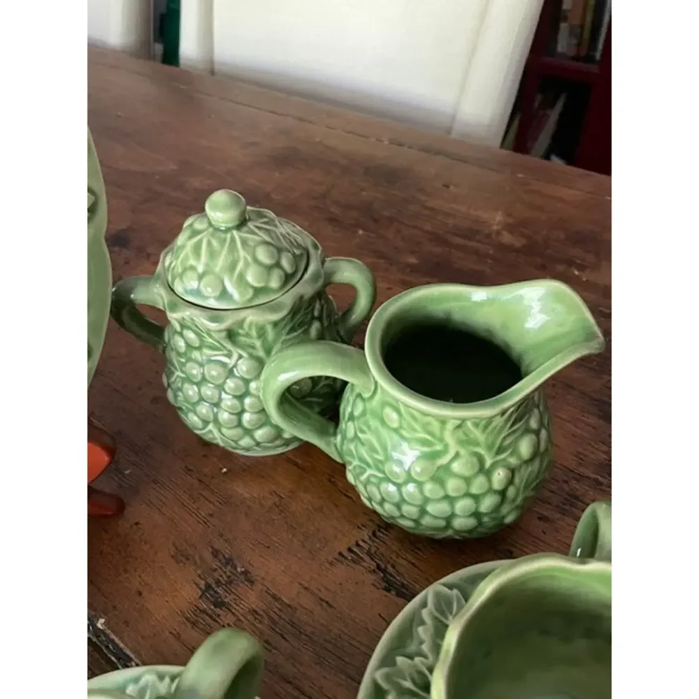 Vintage Style 11 piece Green Grape Vine Majolica Style Tea Set French Country